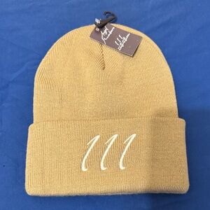 Classic Tan Knit Beanie with Embroidered Detail
